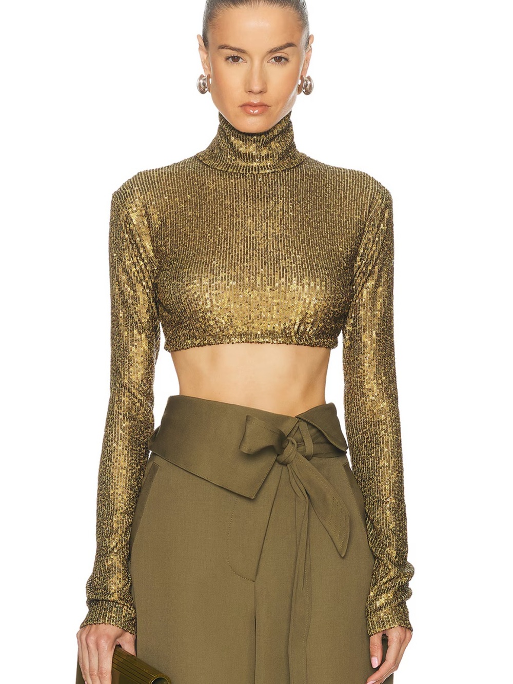 Norma Kamali Crop Top Womens Small Turtleneck Gold Sequin Night Out Date Party